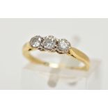 AN 18CT GOLD THREE STONE DIAMOND RING, three round brilliant cut diamonds, approximate gross