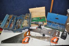 A SELECTION OF HANDTOOLS to include a toolbox containing various spanners, sockets, ratchet,