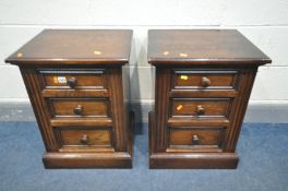 A PAIR OF SOLID OAK THREE DRAWER BEDSIDE CABINETS, width 46cm x depth 38cm x height 61cm