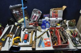 TWO BOXES OF HAND TOOLS to include various screwdrivers, hammers, saws, chisels etc a tv wall mount,