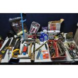 TWO BOXES OF HAND TOOLS to include various screwdrivers, hammers, saws, chisels etc a tv wall mount,