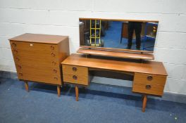 A MID-CENTURY TEAK EFFECT BEDROOM SUITE, comprising a dressing table with a single rectangular