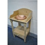A VICTORIAN PINE WASHSTAND, with a later copper bowl, and single drawer, width 51cm x depth 40cm x