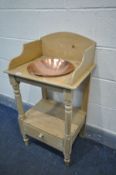 A VICTORIAN PINE WASHSTAND, with a later copper bowl, and single drawer, width 51cm x depth 40cm x