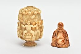 A CARVED IVORY SNUFF FLASK AND A CARVED BUDHA FIGURINE, the snuff flask possibly a 19th century