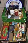 TWO BOXES OF ASSORTED TINS AND VINTAGE HOUSEHOLD ITEMS IN CARD PACKAGING, ETC, including two