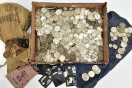 A HEAVY CARDBOARD TRAY CONTAINING MAINLY 20th CENTURY .500 SILVER COINS, to include approximately