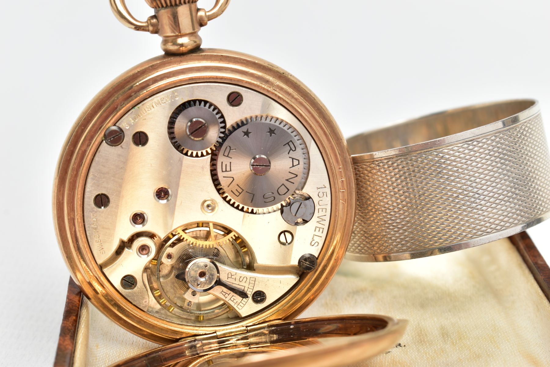 A GOLD-PLATED HALF HUNTER POCKET WATCH AND A SILVER NAPKIN RING, round white dial signed ' - Image 6 of 6