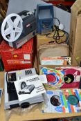 A BOX OF RECORDS, CINE FILM AND SLIDE PROJECTORS, SUPER-8 EDITOR AND PROJECTION SCREEN, comprising