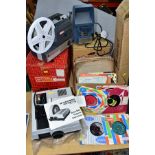 A BOX OF RECORDS, CINE FILM AND SLIDE PROJECTORS, SUPER-8 EDITOR AND PROJECTION SCREEN, comprising