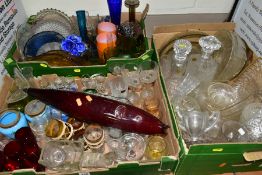 THREE BOXES OF ASSORTED GLASSWARE, including a pair of blue glass preserve jars printed with
