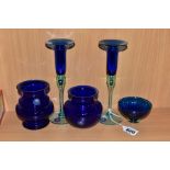 FIVE PIECES OF ROYAL COPENHAGEN COBALT BLUE CRYSTAL, comprising a pair of candle holders, height