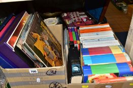 TWO BOXES OF BOOKS, LPS AND A SUITCASE CONTAINING A WORK BOX AND SCALES, ETC, the books to include