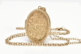 A 9CT GOLD OVAL LOCKET PENDANT AND CHAIN, the oval locket decorated with a floral and scroll pattern