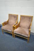 A PAIR OF FRENCH STYLE OAK FRAMED BERGERE ARMCHAIRS