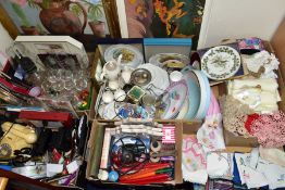 FIVE BOXES AND LOOSE CERAMICS, GLASS, METALWARES AND SUNDRY HOUSEHOLD WARES, to include a wide,