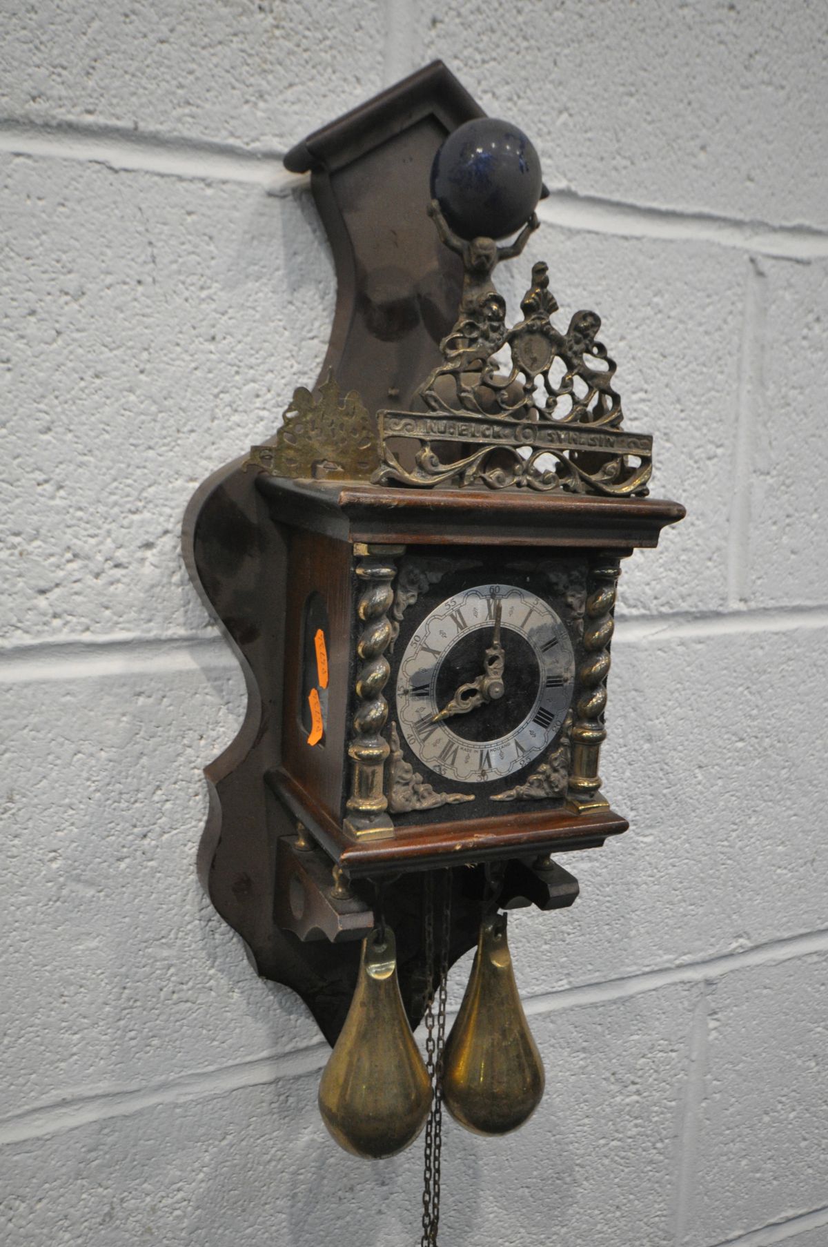 TWO DUTCH ZAANSE STYLE ATLAS WALL CLOCKS, both with two brass weights and pendulums (af) and an - Image 3 of 4