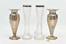 TWO PAIRS OF POSY VASES, to include a pair of early 20th century silver faceted vases, engraved