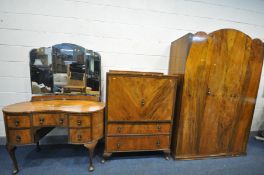 AN EARLY TO MID 20TH CENTURY WALNUT BEDROOM SUITE comprising of a kidney shaped dressing table, with