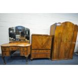 AN EARLY TO MID 20TH CENTURY WALNUT BEDROOM SUITE comprising of a kidney shaped dressing table, with