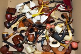 A BOX OF VARIOUS PIPES, to include a small cased Meerschaum pipe carved as a horse, six other carved