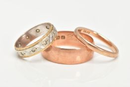 TWO 9CT GOLD BAND RINGS AND A BI-COLOUR RING, a plain polished rose gold wide band ring, approximate