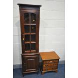 A SMALL MAHOGANY CHEST OF THREE DRAWERS, on bracket feet, width 51cm x depth 39cm, and a slim