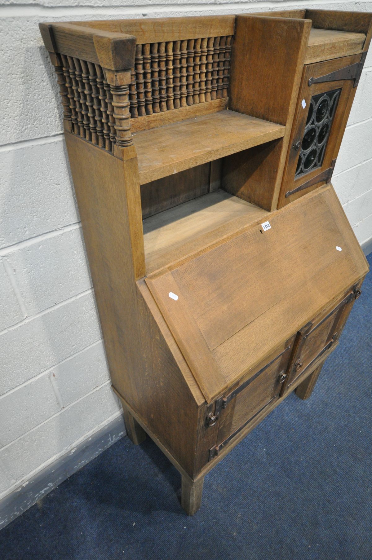 AN EARLY 20TH CENTURY OAK BUREAU, labelled Liberty & Co, in the Moorish style, the top section - Image 2 of 7