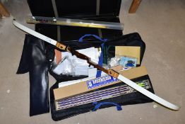 A QUANTITY OF ARCHERY EQUIPMENT, including a bow, one section marked 'Longshot TD-01 Trainer', in