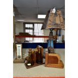 A SMALL GROUP OF WOODEN AND SUNDRY ITEMS, to include an early twentieth century style plywood, paper