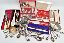 A BOX OF WHITE METAL WARE, to include a rectangular white metal tray, a cased fish knife and fork