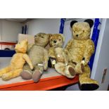 FOUR TEDDY BEARS, comprising a 33cm fully jointed vintage bear with plastic eyes and nose, rexine