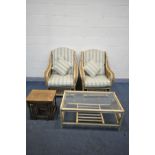 A PAIR OF WICKER CONSERVATORY CHAIRS, with stripped cushions, and a matching coffee table, along