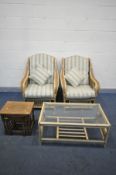 A PAIR OF WICKER CONSERVATORY CHAIRS, with stripped cushions, and a matching coffee table, along