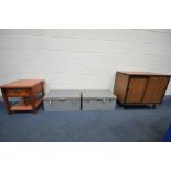 TWO SECURITY BOXES, width 64cm x depth 39cm x height 29cm, a two door office cabinet and a yew