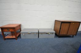 TWO SECURITY BOXES, width 64cm x depth 39cm x height 29cm, a two door office cabinet and a yew