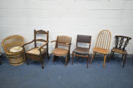 SIX VARIOUS CHAIRS, to include an Art Deco armchair, Ercol style quaker back chair, an Ercol Fleur