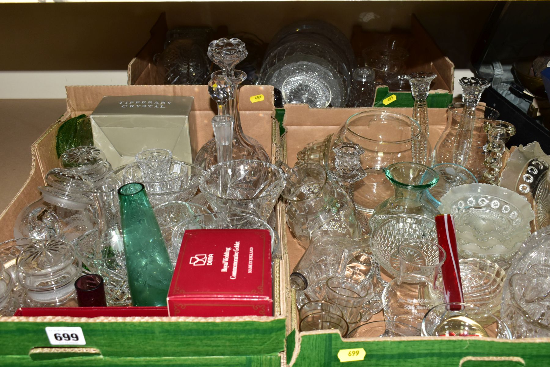 THREE BOXES OF ASSORTED CLEAR AND COLOURED GLASSWARE, including a small amount of late 19th