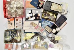 TWO CARDBOARD BOXES OF MIXED COINAGE, to include over 1,750 grams of silver coins Victoria through