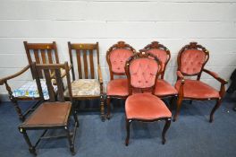 A SET OF FOUR ITALIAN STYLE DINING CHAIRS, with salmon pink upholstery, including one carver, two