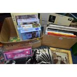TWO BOXES OF JIGSAW PUZZLES, GAMES AND RECORDS, to include six sealed 500 and 1000 piece jigsaw