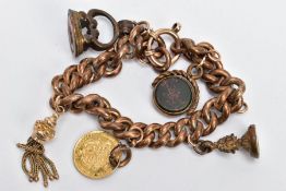 A HALF SOVEREIGN AND YELLOW METAL CHARM BRACELET WITH CHARMS, a half sovereign depicting the Royal