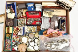 A BOX OF ASSORTED JEWELLERY AND OTHER ITEMS, to include a selection of beaded necklaces and