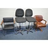 TWO DRAUGHTMANS CHAIRS, along with a 1940's leatherette swivel chair, a metal frame open armchair,