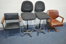 TWO DRAUGHTMANS CHAIRS, along with a 1940's leatherette swivel chair, a metal frame open armchair,