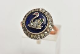 A LATE 19TH CENTURY GOLD DRESS RING, circular blue stone assessed as paste set with a white metal