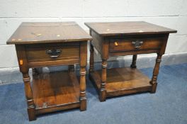 TWO OAK LAMP TABLES, one with a single front facing drawers, the other side facing, on turned and