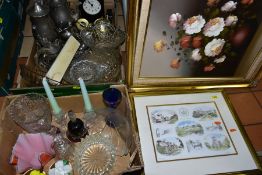 TWO BOXES AND LOOSE GLASSWARE, METALWARES, PAINTINGS AND PRINTS, including a handkerchief vase,