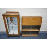 A SLIM OAK BUREAU, with two tier glazed doors, width 84cm x depth 36cm x height 100cm (key) a