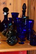 A COLLECTION OF 19TH AND MOSTLY 20TH CENTURY BRISTOL BLUE AND OTHER BLUE COLOURED GLASSWARE,